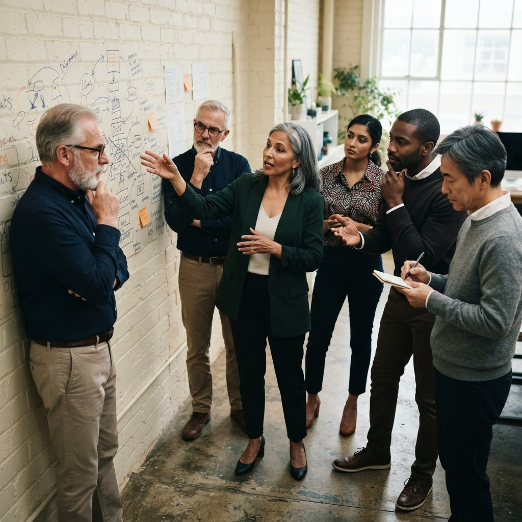 A senior team collaborating in a workshop